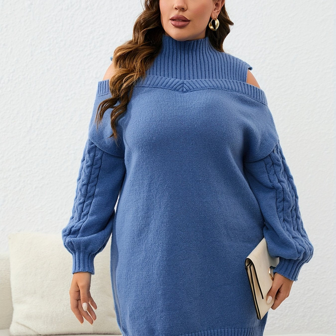 Ribbed Lantern Sleeve Mock Neck Sweater Dress