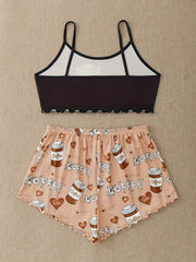 Summer Women's Donut Print Pajamas Set Suspenders Top & Cozy Shorts