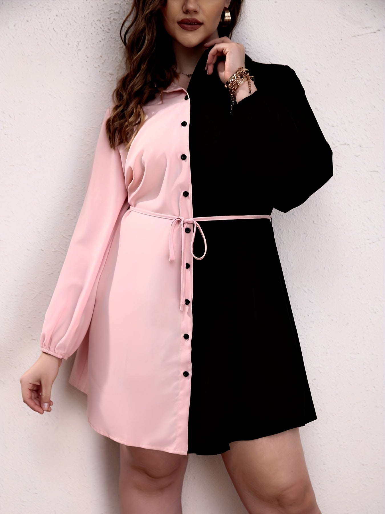 Colorblock Button Up Lantern Sleeve Casual Blouse