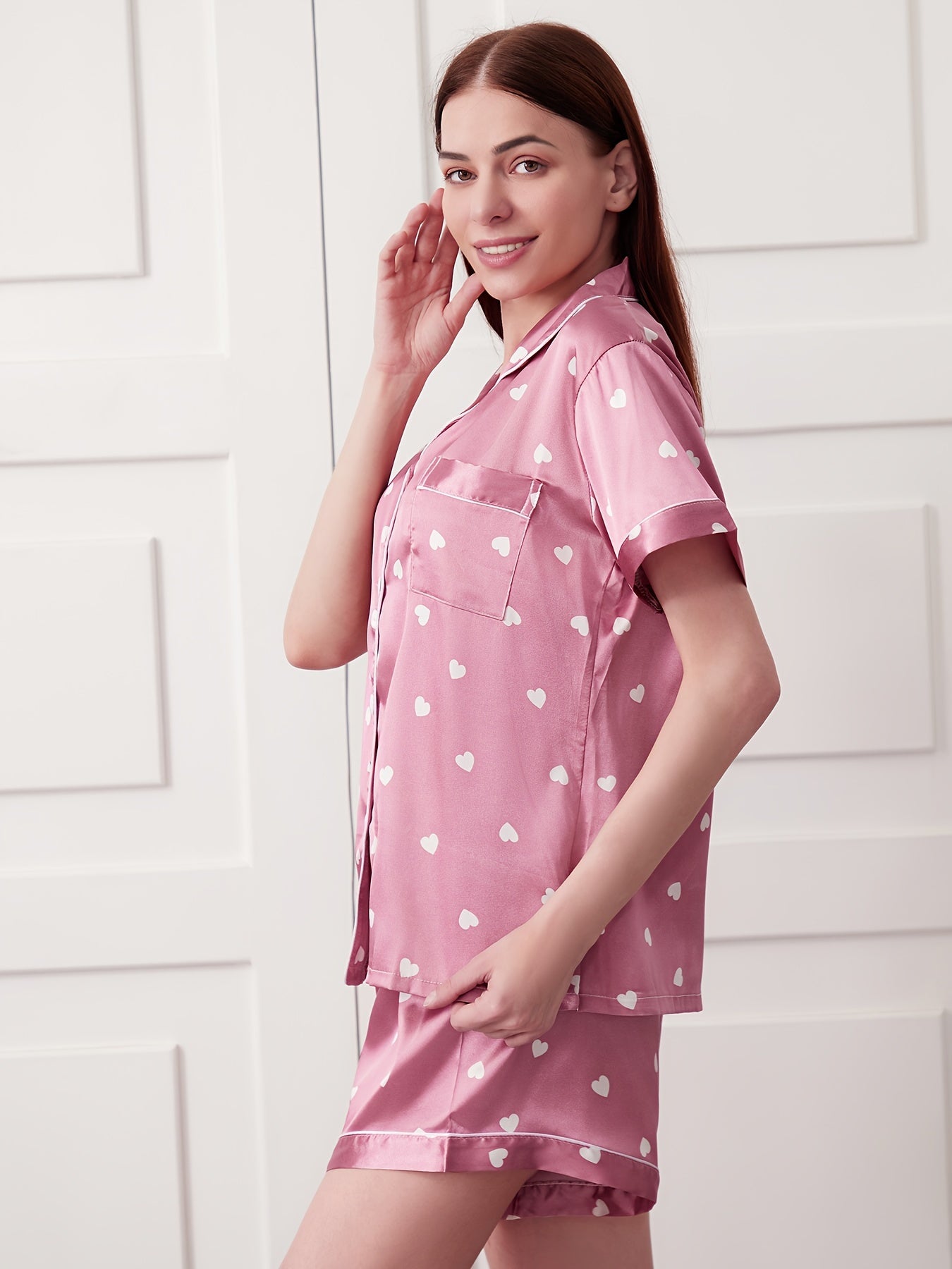 Heart Print Satin Pajama Set Short Sleeve Button Up Top & Shorts