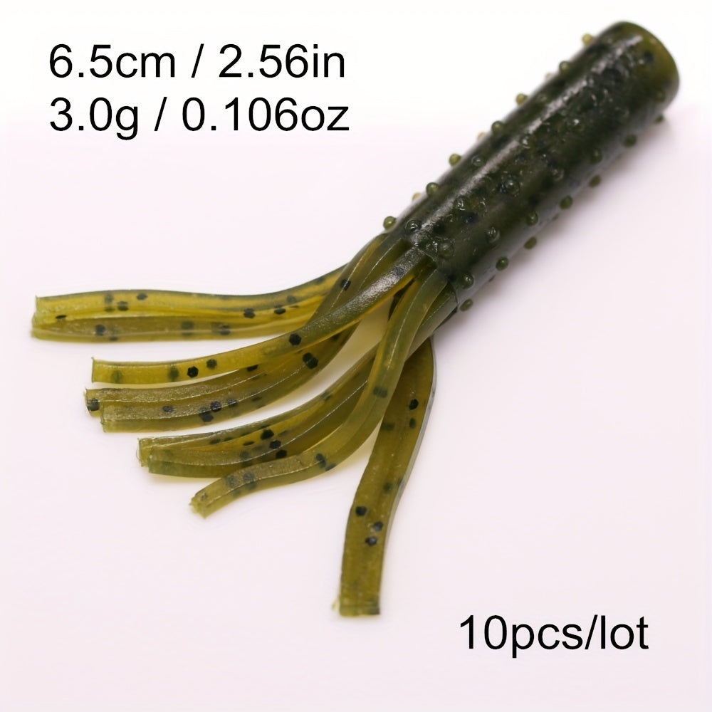 10pcs Tube Worms Skirt Rooster Tail Soft Fishing Lures 2.56in
