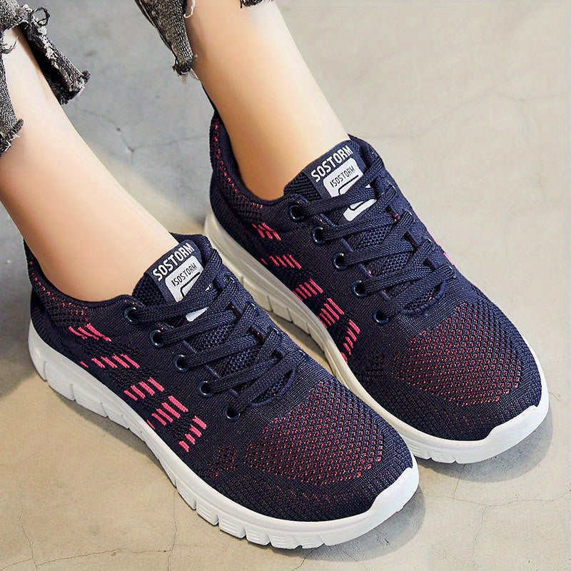 Women's Mesh Panel Sneakers Low Lace Up Round Toe Casual Running Shoes