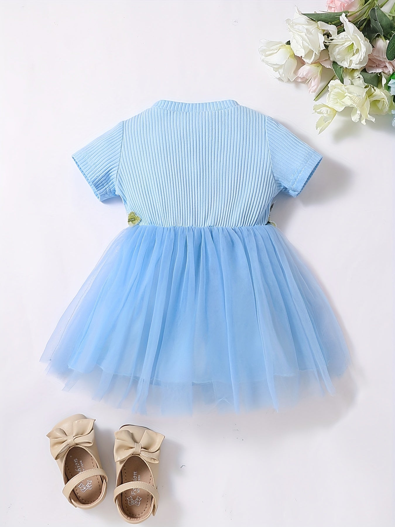 Baby Girls Mesh Splicing Dress Ribbed Short Sleeves Crew Neck Flowers Embroidere