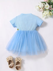 Baby Girls Mesh Splicing Dress Ribbed Short Sleeves Crew Neck Flowers Embroidere
