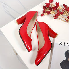 Red Chunky High Heels Pointed Toe Patent Leather Slip On Court Pumps