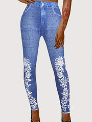 Floral & Denim Print Leggings Skinny Casual Leggings Women's Clothing
