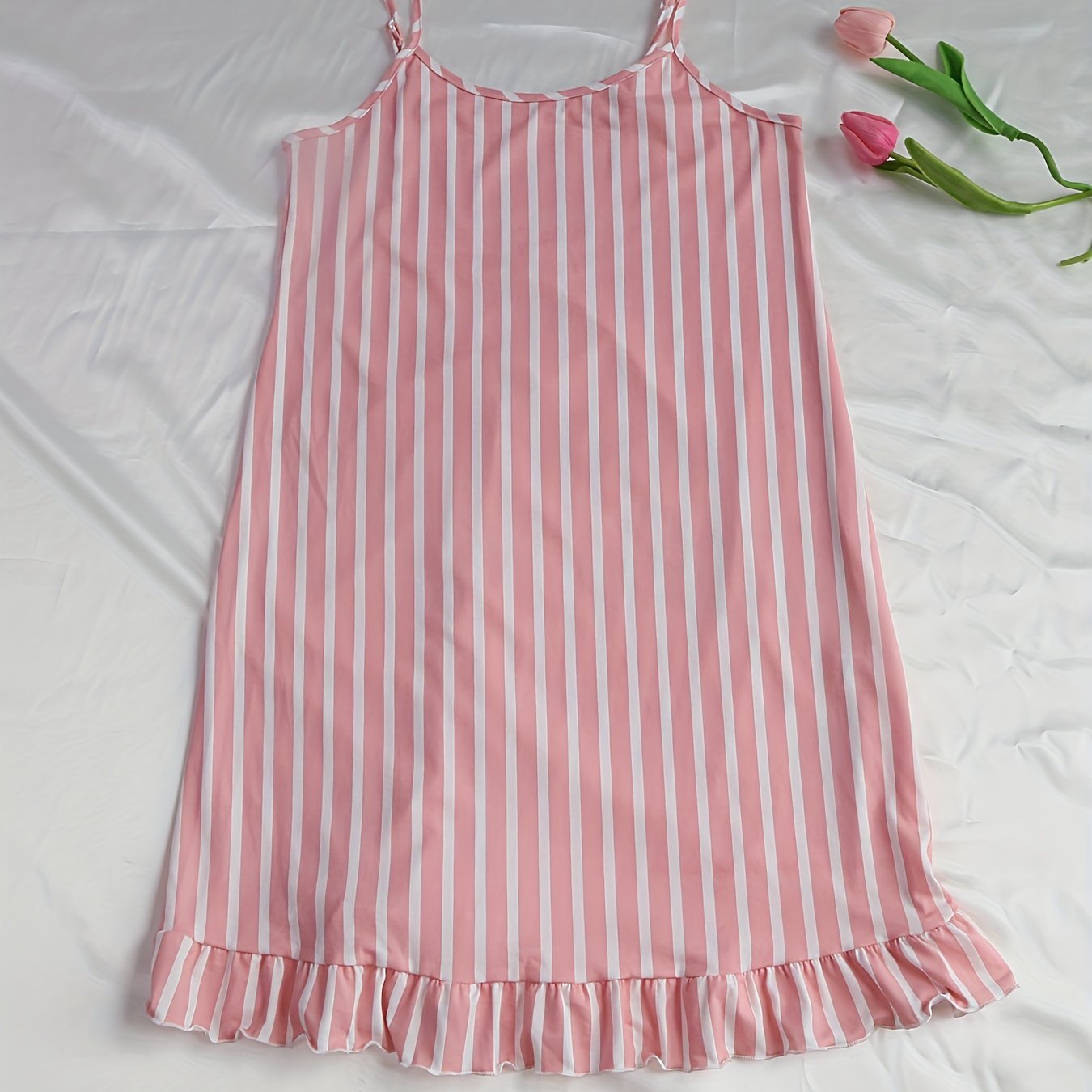 Striped Print Nightdress Sexy Ruffle Spaghetti Strap Sleep Dress