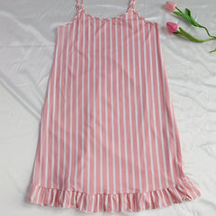 Striped Print Nightdress Sexy Ruffle Spaghetti Strap Sleep Dress