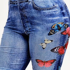 Denim & Butterfly Print Leggings Casual Skinny Shorts Leggings Women's Clothing