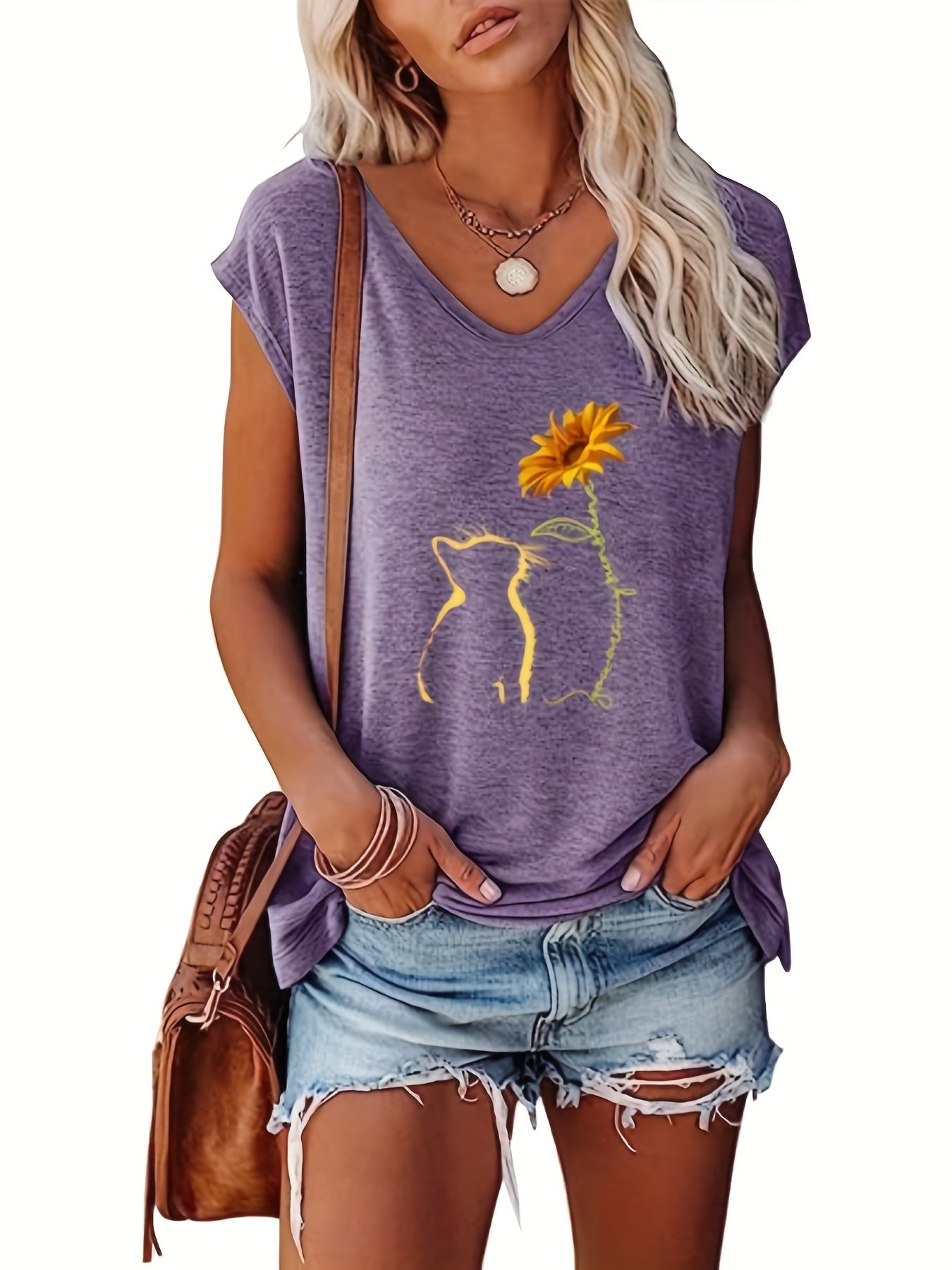 Cat & Sunflower Print Tank Top Cap Sleeve Women's Summer Casual Top