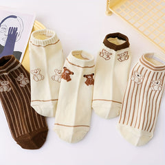 5 Pairs Cartoon Bear Print Ankle Socks Women's Stockings