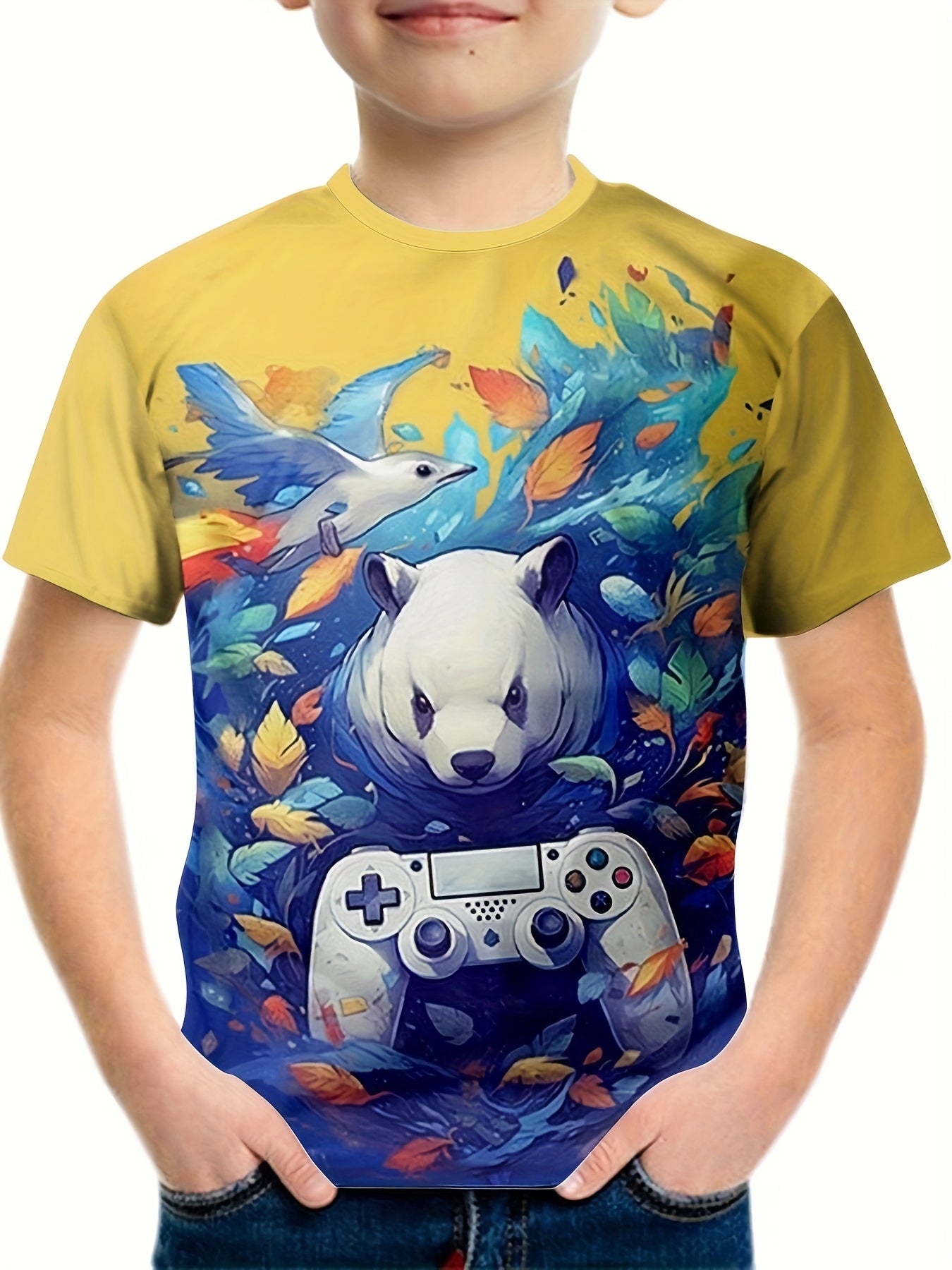 Panda & Gamepad Print Boy's T-shirt Casual Short Sleeve Top