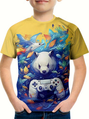 Panda & Gamepad Print Boy's T-shirt Casual Short Sleeve Top