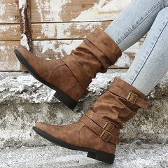 Women's Buckle Strap Chunky Heel Cowboy Boots