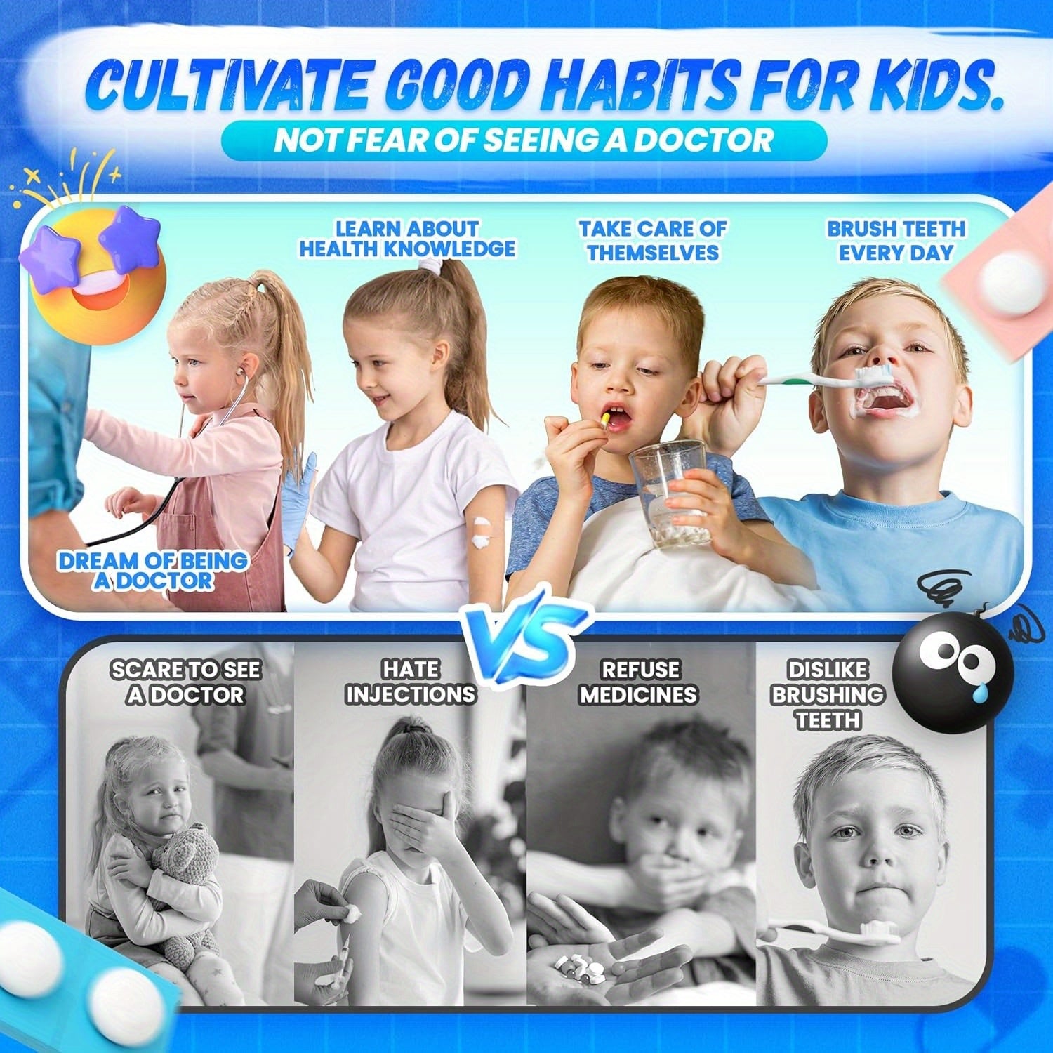 Kids Wooden Doctor Set 62pcs Dental Play Set with Stethoscope