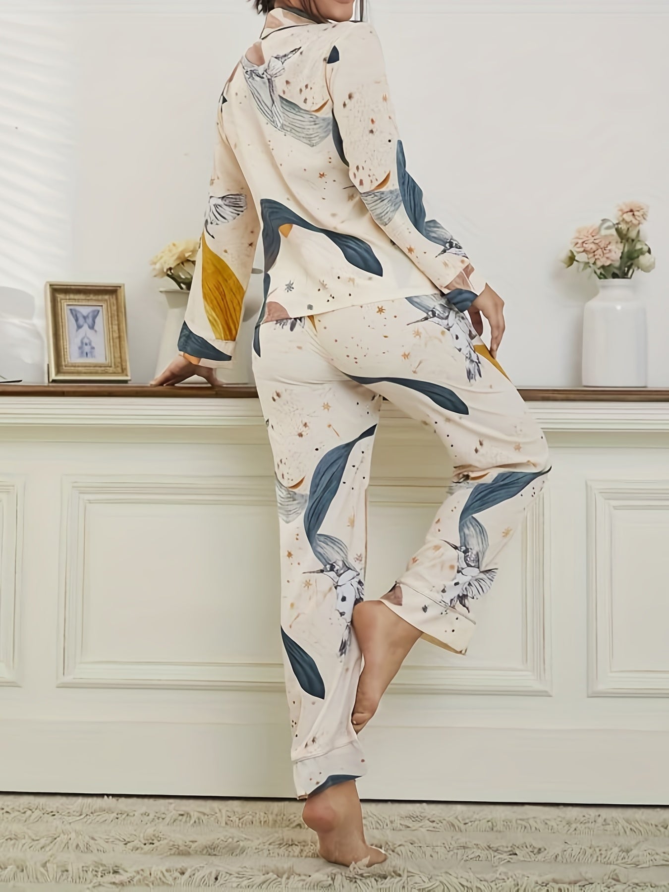 Floral Print Pajama Set Long Sleeve Top & Pants Women's Sleepwear