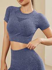 Solid Crew Neck Tank Tops Short Sleeve Yoga Crop Tops