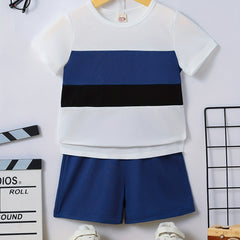 Boys 2pcs T shirt & Shorts Set Stripe Block Print Elastic Waist Crew Neck