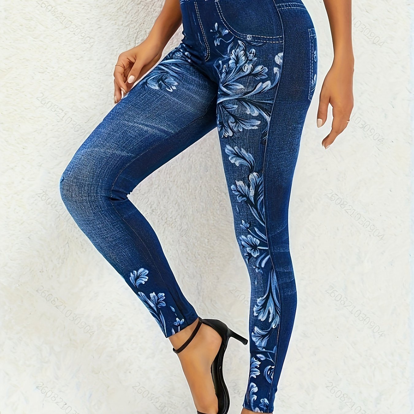 Denim & Floral Print Leggings High Stretch