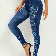 Denim & Floral Print Leggings High Stretch