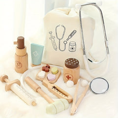 Kids Wooden Doctor & Nurse Role Play Set with Stethoscope Bag Syringe Toy
