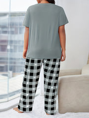 Casual Lounge Set Women's Plus Letter & Eyelash Print Tee & Heart Plai