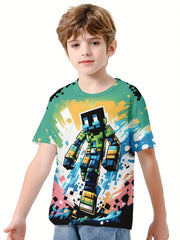 Building Block Man 3D Print Boy's Casual Tees Short Sleeve Crew Neck