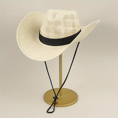 Drawstring Woven Cowboy Hat Outdoor Seaside Sunscreen Jazz Straw Hat