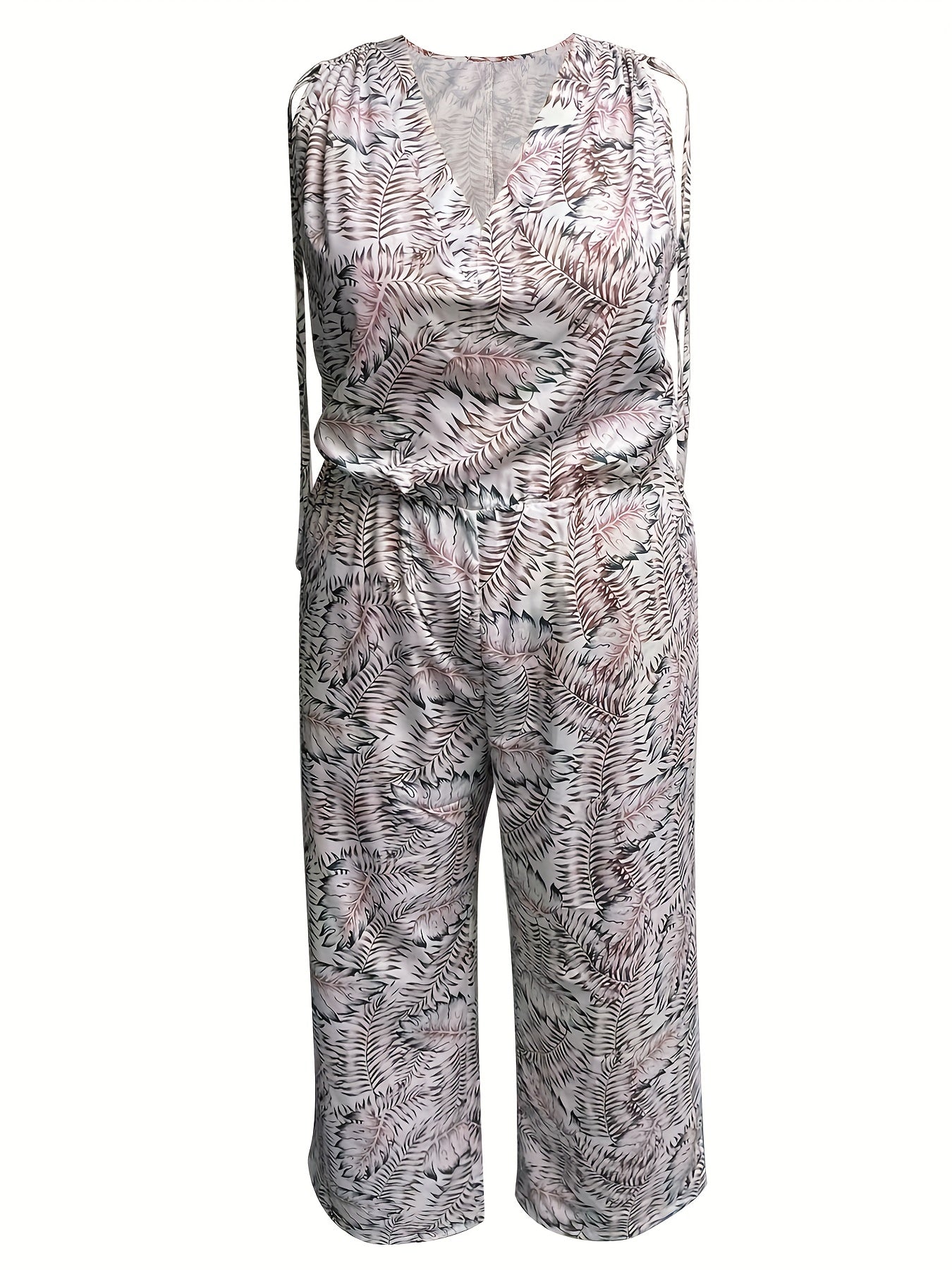 Allover Leaf Print Tank Jumpsuit