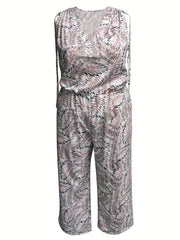 Allover Leaf Print Tank Jumpsuit