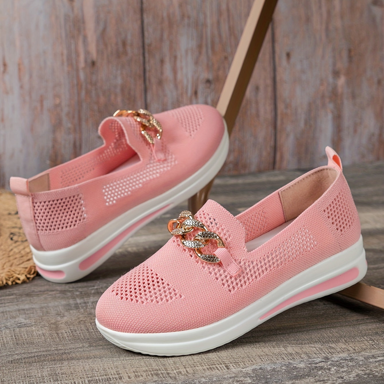 Knit Sock Shoes Metal Chain Slip On Low Top Casual Flat Shoes