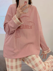 Bunny Print Pajama Set Long Sleeve Top & Plaid Pants Women's Sleepwear