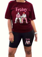 Cartoon Figure & Letter Print Top & Shorts Set