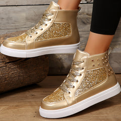 High Top Glitter Skate Shoes Sequins Decor Faux Leather Sneakers