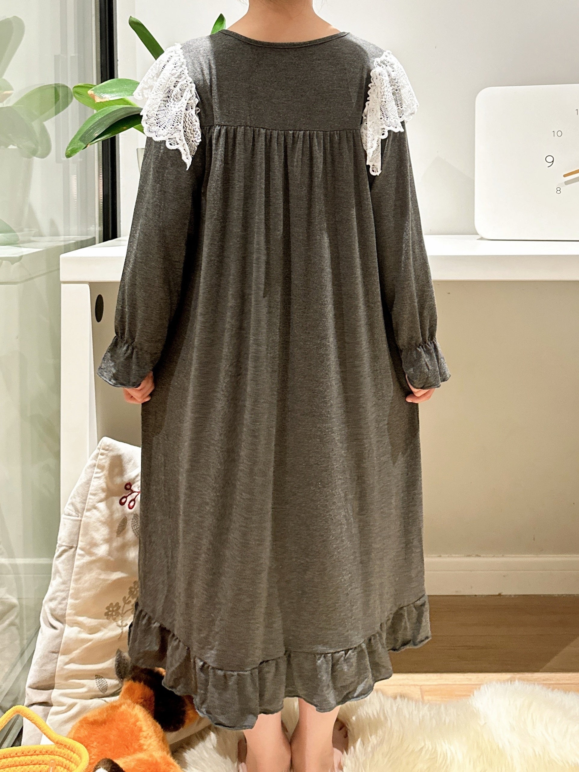 Girls Nightdress Long Sleeve Round Neck Princess Dress Lace Bow Decor