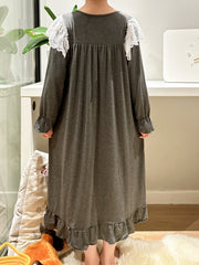 Girls Nightdress Long Sleeve Round Neck Princess Dress Lace Bow Decor