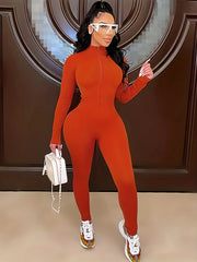 Solid Skinny Zipper Jumpsuit Athleisure Long Sleeve Jumpsuit