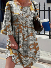 Plus Size Casual Dress Women's Plus Floral Print Round Neck Half Sleeve
