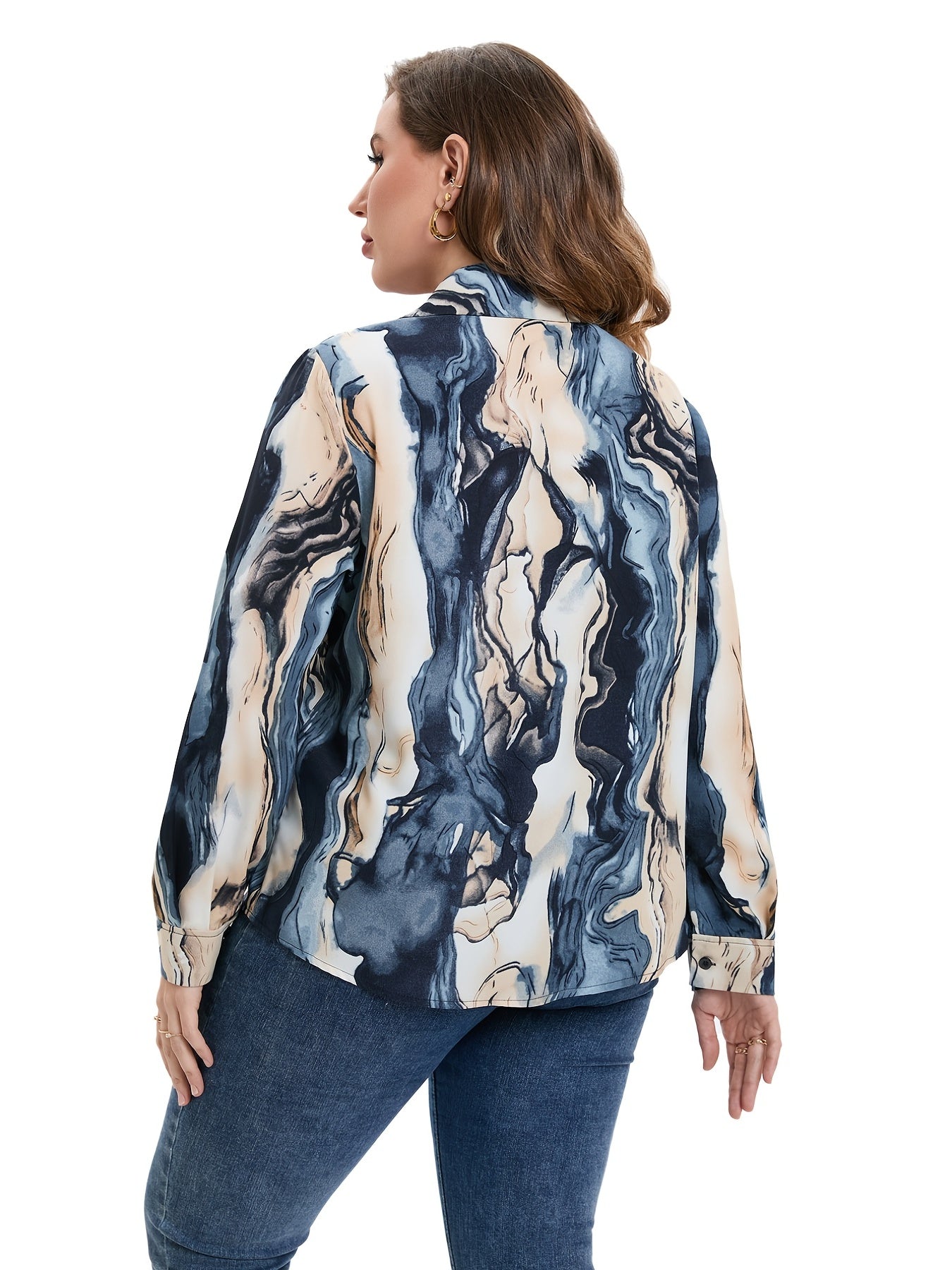 Marble Print Plus Size Shirt Women's Turn Down Collar Long Sleeve Blouse