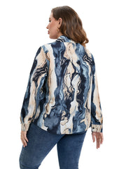 Marble Print Plus Size Shirt Women's Turn Down Collar Long Sleeve Blouse
