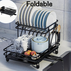 Foldable Dish Rack Double Layer Drain Basket Space-saving Kitchen Accessory