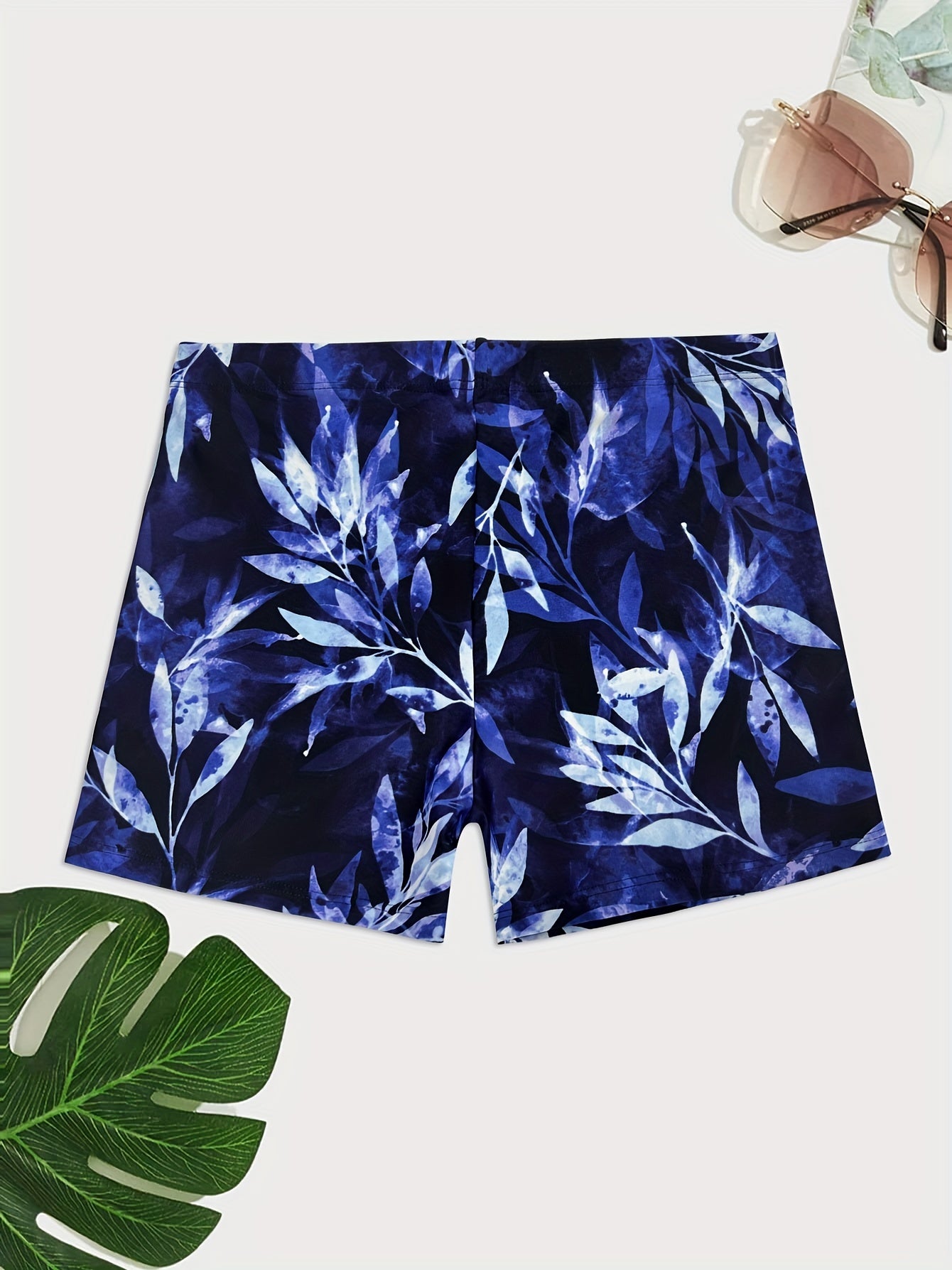 Men's Leaf Print Swim Boxers Hawaiian Style Swimsuit Shorts