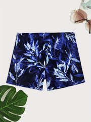 Men's Leaf Print Swim Boxers Hawaiian Style Swimsuit Shorts
