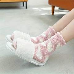 Heart Print Fuzzy Floor Socks Women's Stockings