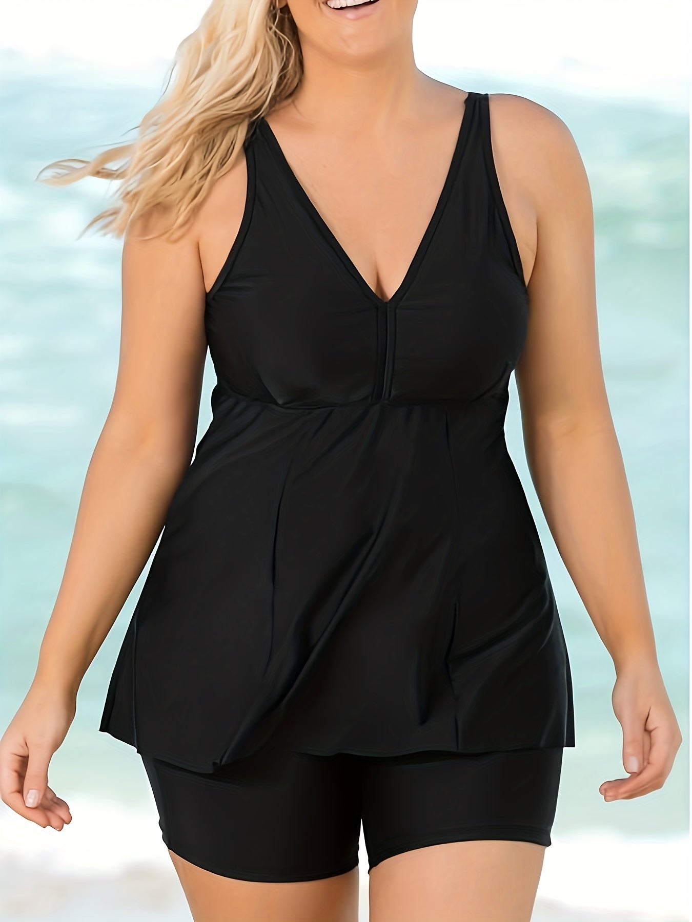 Solid V Neck Tank Top & Swim Shorts Set