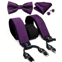 Men's Silk Suspenders Set Adjustable Braces Vintage 6 Clip Trousers Strap