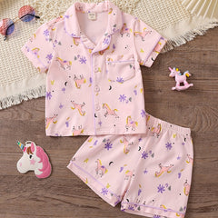 2pcs Girls Unicorn Pajama Set V-Neck Short Sleeve Top & Shorts