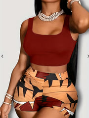 Women's Hawaii Beach Wind Print Tank Top & Shorts Set