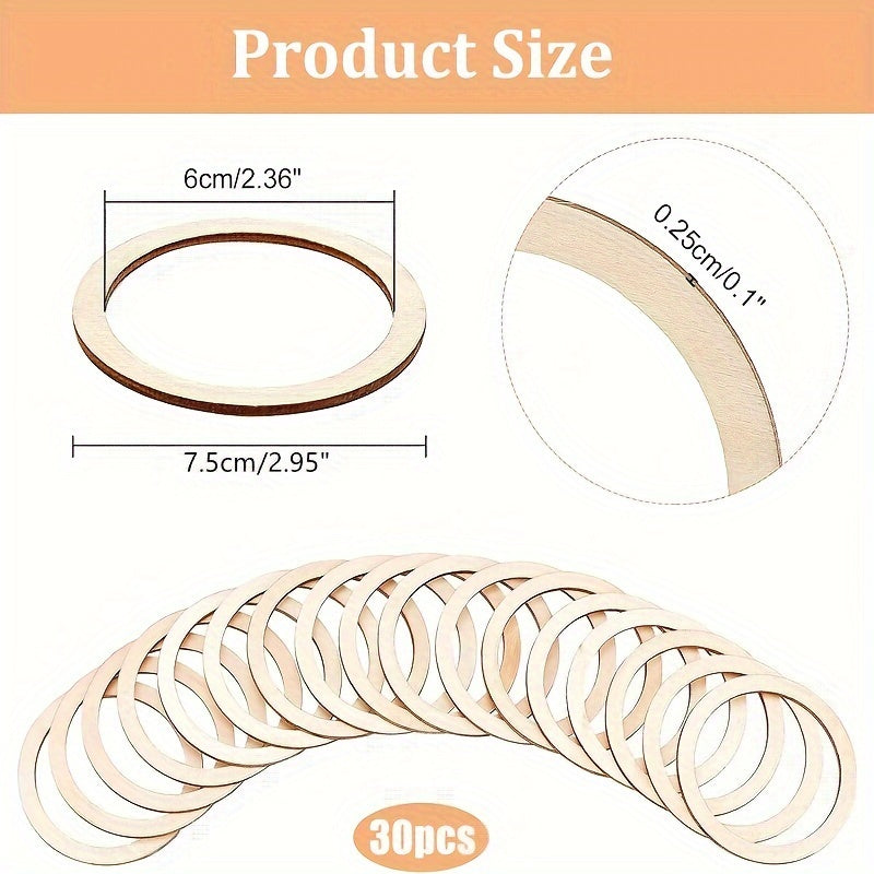 30pcs 75mm Natural Wood Rings Circle Ornaments for Painting Christmas Decor