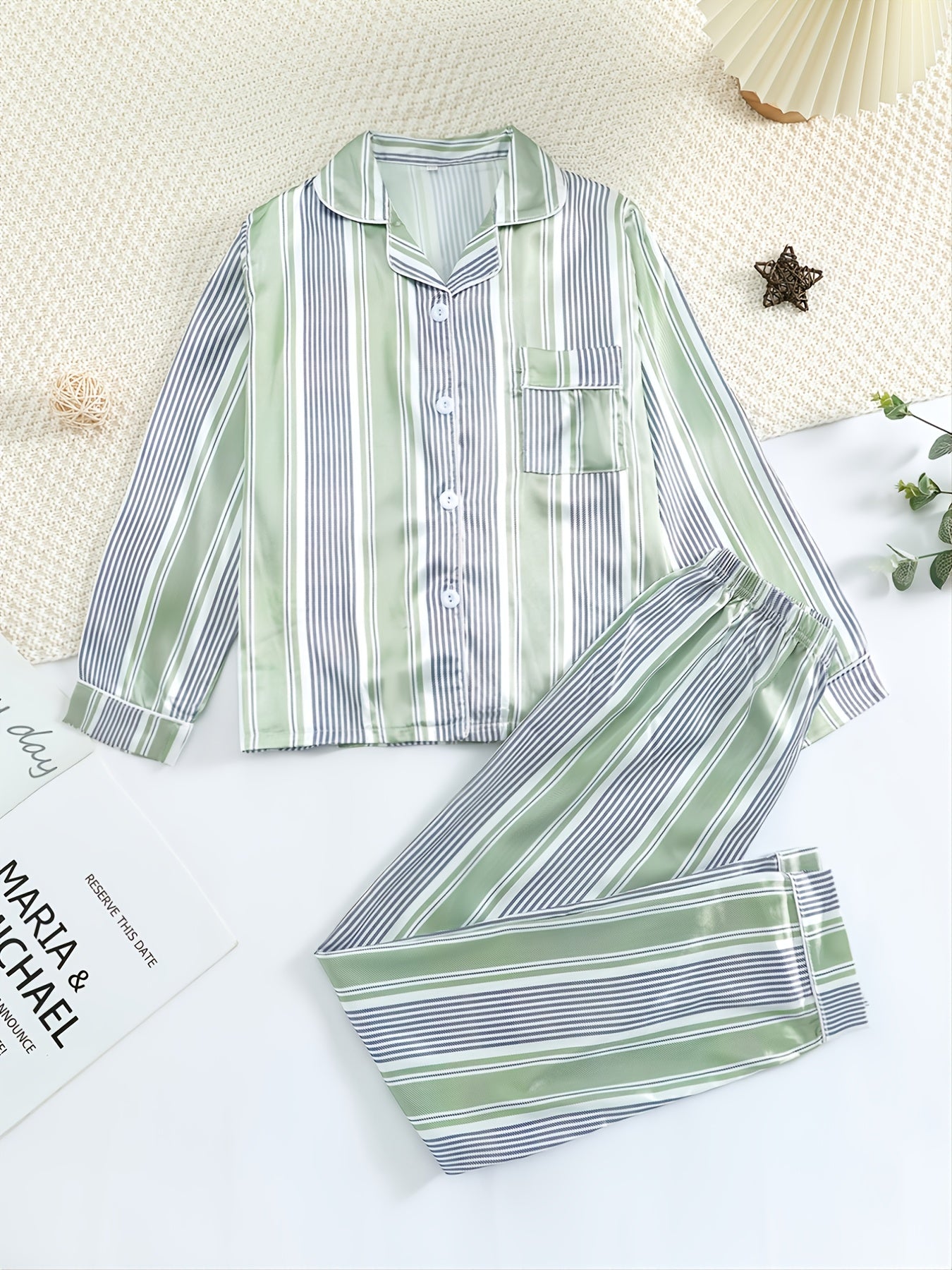 Boys' Striped Pajama Set, Long Sleeve Button Down Top & Pants